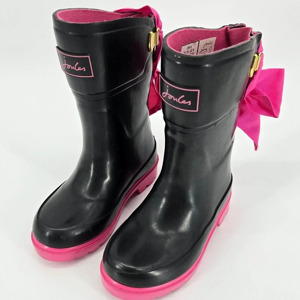 Joules Bow Welly Girls Rain Boots Black Pink Ribbon Waterproof Size US 9 NWT